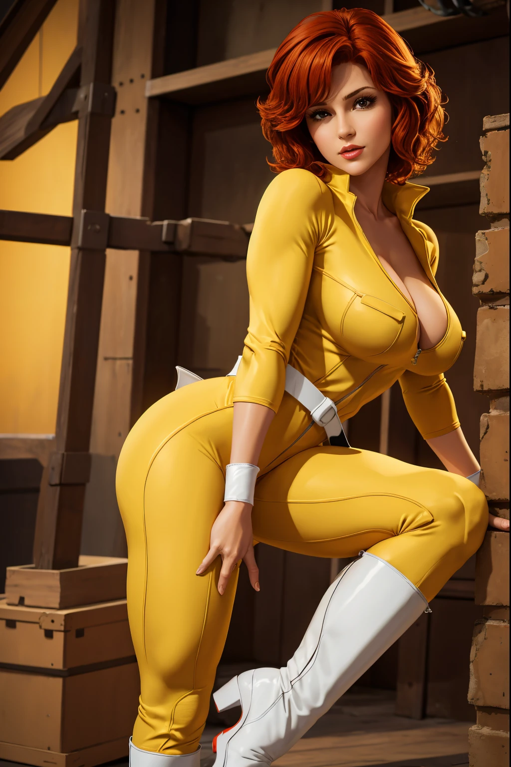 The prompt for the ???? depiction of April O'Neil from the Teenage Mutant Ninja Turtles should be as follows:

April O'Neil in a sultry pose, wearing a form-fitting yellow jumpsuit with a white belt and white boots. She has beautiful, detailed eyes and lips, with long eyelashes. Her hair is red and mid length. The medium is a realistic digital illustration or photograph with high resolution (best quality, 4k or 8k). The image should be ultra-detailed, capturing every aspect of her appearance. The color tone is vibrant, with vivid colors that enhance her attractiveness. The lighting is soft and glamorous, with a studio lighting style that brings out her features. The background complements her character, suggesting an urban setting or a cityscape with a touch of mystery. (((white belt and boots))) short hair
