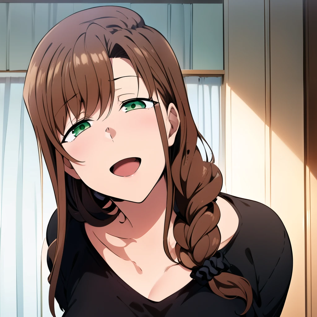 hd, masterpiece, best quality, 1girl, solo, long hair, ((black shirt)), opoened mouth, brown hair, braid , ears, worried, detailed green eyes, opened mouth, braid, scrunchie, ((living room)), :d