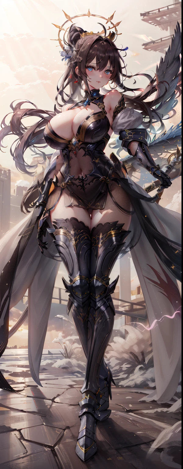 masterpiece、best、(realisitic、Female one、Soio、beauitful face、Slender face、Beautiful pupils)、(breastsout)、thighs thighs thighs thighs、long、poneyTail、Milk、reddish、shinobi、ninjartist、Shoulder out、elbow groves、Skirt curtain、Uchiwa、Uchiwa Crown Chakra RPG Character, spiritually enlightened warrior, divine connection, High awareness, vibrant aura, Powerful energy, complex armour, elaborate helmet, radiant crown, Ethereal light, Golden halo, peaceful expression, Calm eyes, a serene smile, Seraphic Wings, Ancient symbols, Mystical wand, Sacred Scrolls, exquisite robe, Transcendent Existence, Celestial Guardian, Mystical powers, embodiment of wisdom, Glowing energy, Graceful movement, symbolic tattoo, radiant light rays, harmonious balance, Enigmatic aura, resonance frequency, beyond dimensions, strengthened spirit, Spiritual enlightenment, magic sword, Astral projection, universal connection, Inner peace, Revealed divinity, transformed soul, supreme being, divine essence, Ancient prophecy, infinite possibilities, reveal the mystery, giga_big breasted battle mecha,(Blonde girl),(Huge ponytail),Glowing blue eyes,Blue Light Energy Longsword,Galactic,Mechanical and exquisite,((Blonde Beauty))pubic detail,mech wings,elegent,Blue Mecha,Glowing blue-blue eyes,(Stocking Heels),land,Mechanical and exquisite,pubic detail,mech wings,elegent,The tree々,There are hands and feet,angled,angled,immensity,Wind,hazy,Mecha's eyes glow blue,Blue Mecha,Glowing blue-blue eyes,Holding the sword of delicate light energy,Skysky,Mechanical and exquisite,pubic detail,Huge mech wings,elegent,The tree々,There are hands and feet,angled,angled,immensity,baiyun,hazy,Mecha's eyes glow blue,pubic detail,Winds of the future,sacredness,Cavalier,battlemech,Glowing blue eyes,Blue Delicate Sniper Rifle,Skysky,Mechanical and exquisite,pubic detail,Huge mech wings,elegent,The tree々,There are hands and feet,angled,angled,immensity,baiyun,hazy,Mecha's eyes glow blue,pubic detail,Winds of the future,sacredness,Cavalier,the face is clear,Face wearing mask armor,masterpaintings,best qualtiy,offcial art,the Extremely Detailed CG Unity 8K Wallpapers,brightened light,(light particules,(Illustration)(Farbe)goodlooking,impeccable,((Graphic Painting)),(Heavier stroke)),(bold lines),Highest image quality,masterpaintings,Filigree,long eyeslashes,(((silhuette))),Very detailed background,tulips,Banana leaves,lilie,dew,Date palm flowers,Ryu,Light white off-the-shoulder dress,Mottled sunlight,(Close-up of people),((Super best quality)), ((A very masterpiece)), ((super detailing:1.4)), ((hyper realistic lifelike 3d)), Dragon Warrior Girl, Mechanical body, Dynamic action poses in battle scenes, Mechanical weapons of very complex and heavy fighters, Off-the-shoulder fashion that blends dense and complex steampunk with dense gothic ta, Complex steampunk headgear, very thin long legs, Mechanical boots above the knee, Fluttering lace flared mini skirt, beautiful big breasts directed upwards,Somewhat long, Vertical curly silver hair fluttering in the wind,Myriad Shining Big Seth
