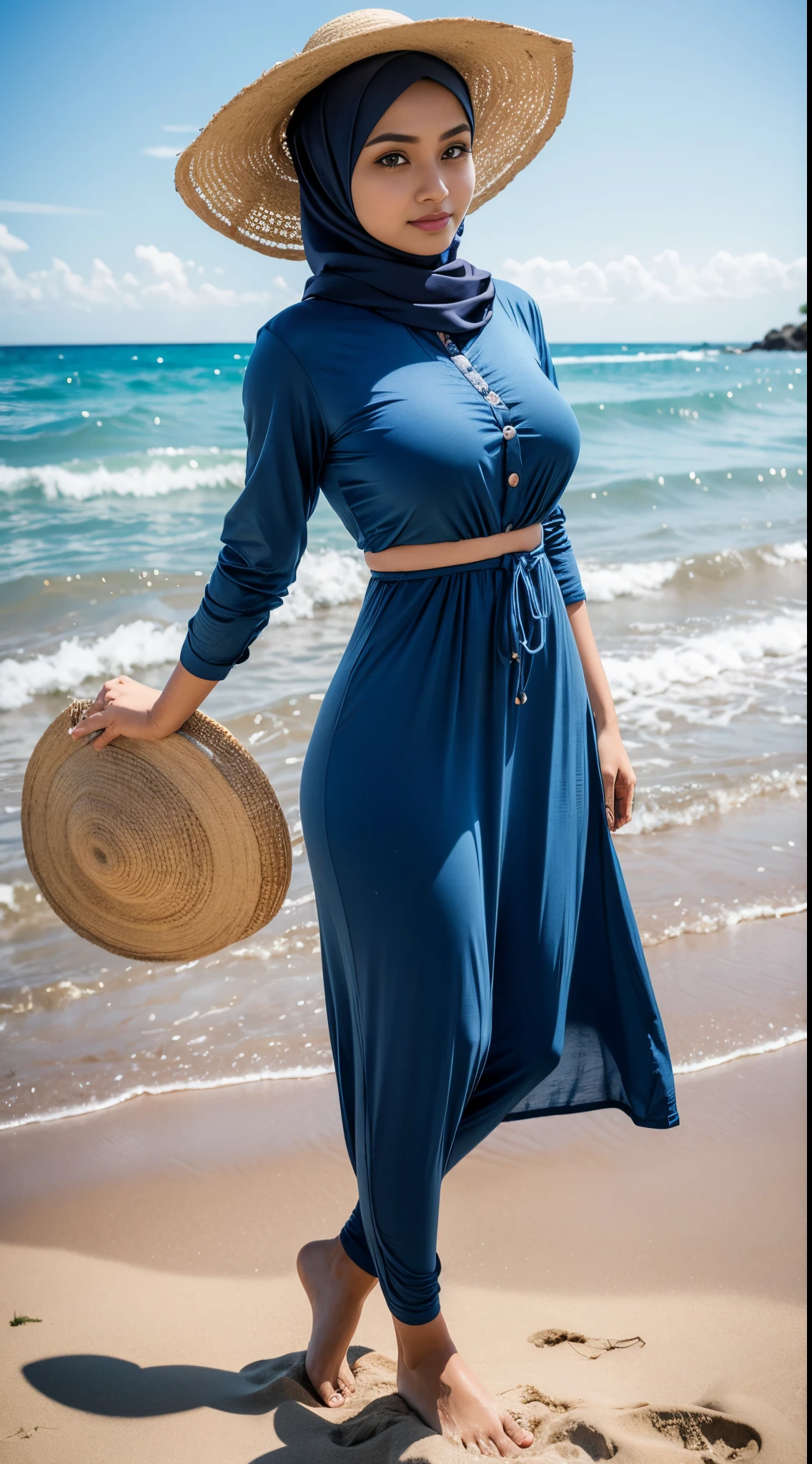 RAW, Best quality, high resolution, works: 1.3), beautiful Malay woman in hijab (iu:0.8),big breasts, standing, big eyes, beautiful face, watery eyes, big eyes, perfect face, gentle smile, wearing a blue dress and straw hat on the beach , with straw hat, wearing blue, tight leggings, at sea, amazing masterpiece, posing on the beach with the ocean, by the sea, blue outfit, navy blue, on the beach, on the beach, on the beach, standing on the beach, in the sea,full body
