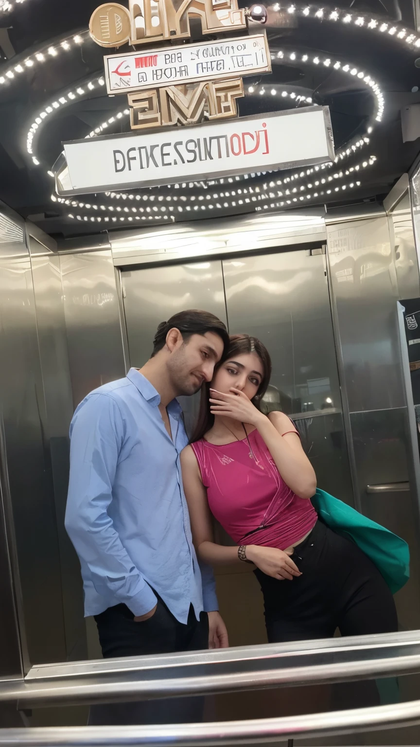 aynada çekilen by photography, erkek ve kız sevgililer, kızın elinde iphone 11 üstünde pembe tişört altında siyah kot pantolon kızın yüzünün yarısı gözüküyor ve tek eli cebinde ,erkeğin üzerinde uzun kollu mavi gömlek altinda siyah pantolon tek eli cebinde,kız sağ tarafta erkek sol tarafta erkek yan duruyor ve kızın yanağına öpücük konduruyor ,kız hafiften erkeğe yaslanmış ve asansör aynasında fotoğraf çekiniyorlar. disney pixar 3d