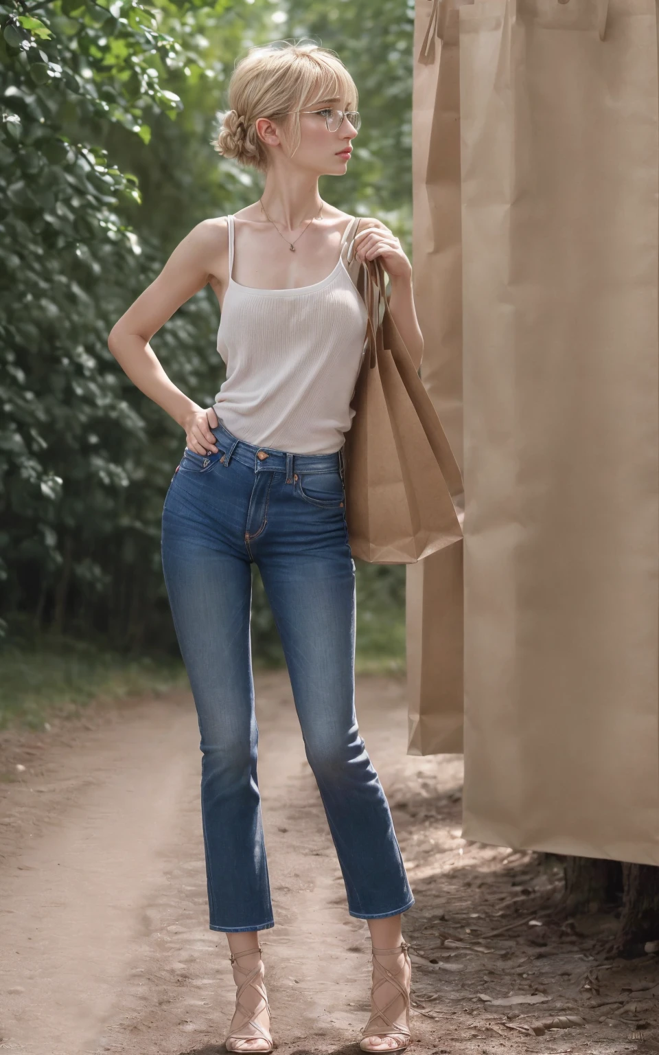 (8K, Masterpiece, RAW photo, ultra HD quality, detail:1.5), (scenary, natural background:1.4), Depth of field, Cinematic light, (ultra realistic face:1.5), ( 1 picture of 1 girl Ekaterina Ackerman:1.7), (solo girl:1.6), (Beautiful and elegant Russian girl), (skinny girl with glasses), (European face:1.3), (natural abs), (complete perfect full body:1.6), (full body including shoes:1.5), (tight minitop:1.5), ([red|gray] miniTop:1.4), (small necklace, collarbone:1.1), ([short hair]:1.5), (ultra detailed skin:1.4), (soft mate fabric:1.3), ([frontal pose|side profile pose|back profile pose]:1.5), (face looking at viewer:1.5), (perfect hands:1.5), (perfect feet:1.5), (perfect anatomy:1.6), (perfect body:1.6), (ultra perfect beautiful face:1.6), (blonde hair:1.4), ([Pixie|Bob|Bangs|Braids|Pigtails] hair:1.5), (perfect standing pose:1.5), (Paperbag Hem Jeans :1.6)