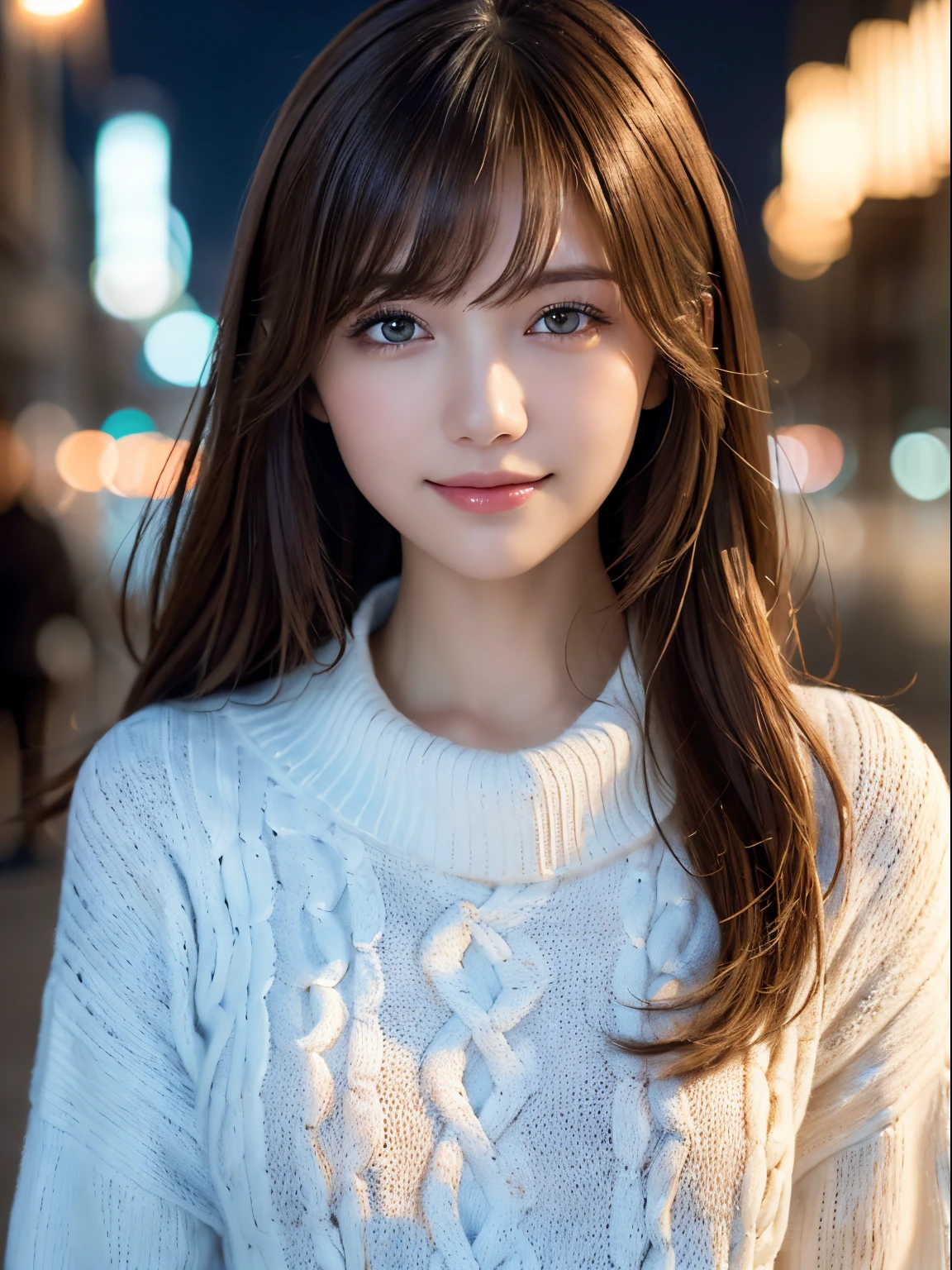 1girl in,(White sweater:1.4),(Fur trim,:1.2), (Raw photo, Best Quality), (Realistic, Photorealsitic:1.4), masutepiece, extremely delicate and beautiful, Extremely detailed, 8k wallpaper, amazing, finely detail, extremely detailed CG Unity, hight resolution, Soft light, Beautiful detailed 19 year old girl, extremely detailed eye and face, beautiful detailed nose, Beautiful detailed eyes,Cinematic lighting,city light at night,Perfect Anatomy,Slender body,Smiling  (hair messy, asymmetrical bangs, light brown hair,)