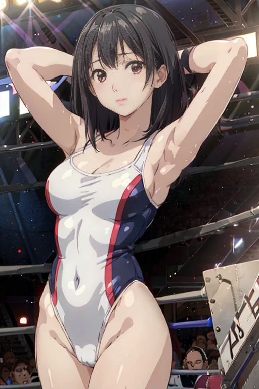 masutepiece, Best Quality, Game CG, 1girl in, Solo, Looking at Viewer, , depth of fields, , Realistic,,Stand in the ring of professional wrestling,One-piece swimsuit made of white lace fabric,Idol,Black hair straight,Idol female professional wrestler