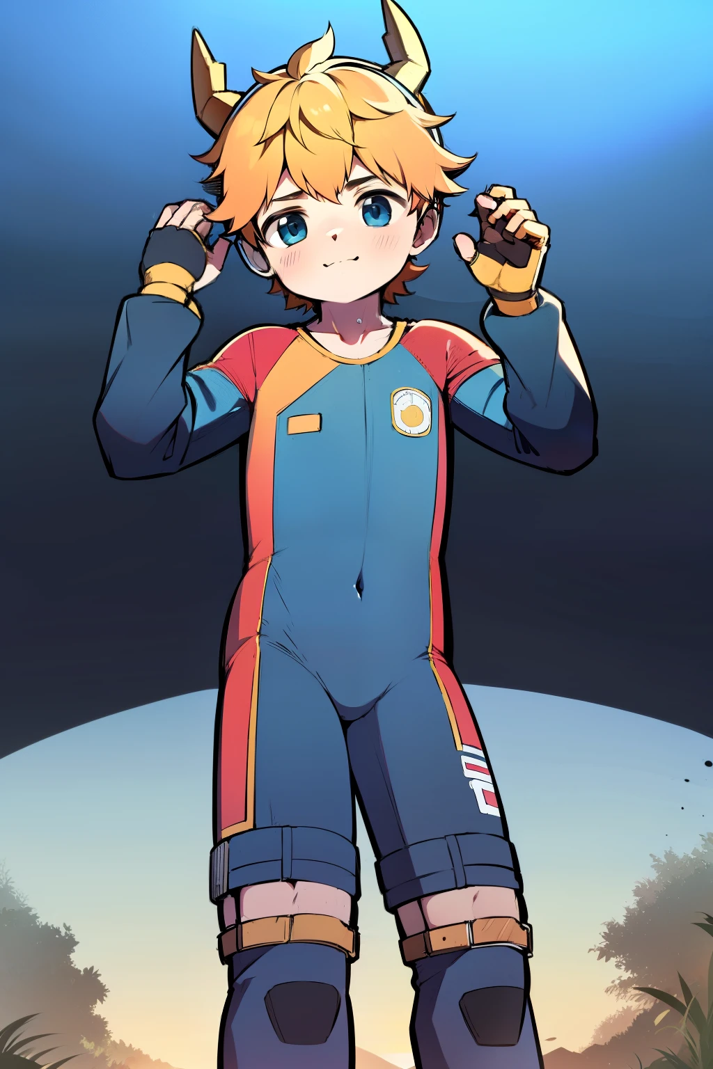 (( boys))，(juvenile sense)，one piece mountaineering suit，has horns on its head，long slim figure，protective goggles，Fingerless gloves，The stands up，cotton socks，short- sleeved