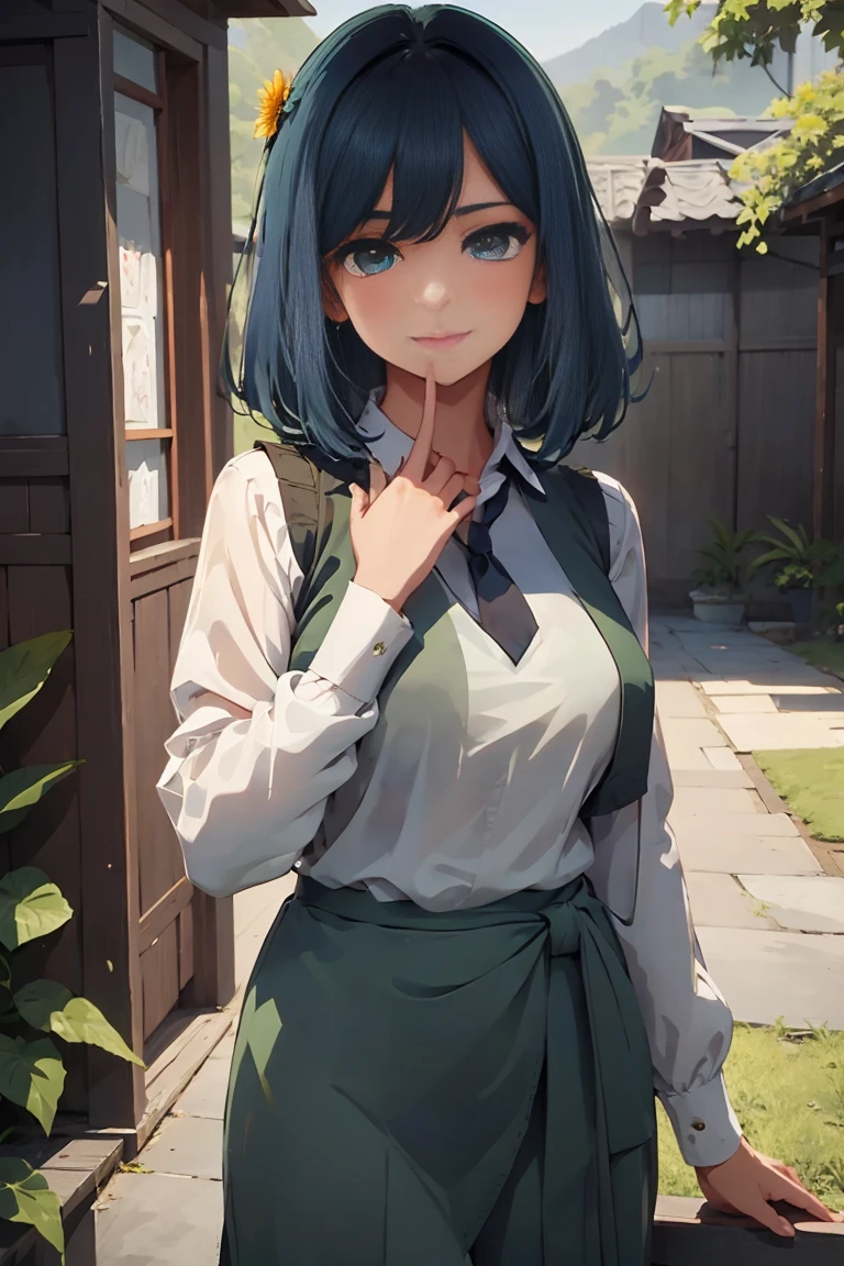 akanekurokawa, 1girl, blue hair, green eyes, bangs,a girl,wearing an elegant 100% transparent saree,curly long hair,deep black eyes,shiny red lips,brown skin,lotus flower in her hair,bindi on forehead,palms decorated with henna,in a blooming garden,bright colorful flowers,green grass,blue sky,sunshine falling on her,peaceful and serene expression,subtle smile on her face,fingers delicately touching flower petals,body language full of grace and elegance, scenic beauty,painting as medium,detailed and vivid,high-resolution image,photorealistic rendering,vibrant colors,soft and warm lighting, her boobs exposed, pussy, and clitoric can be seen