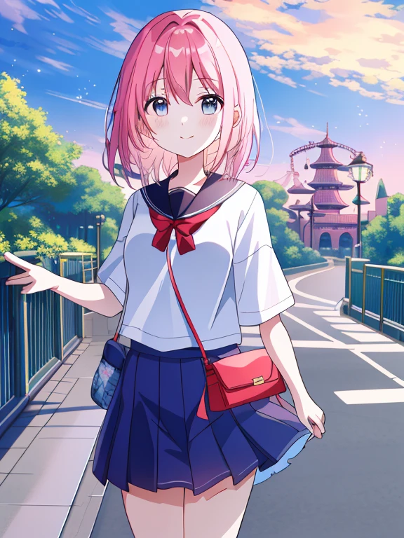 masutepiece、​masterpiece、top-quality、ultra-detailliert、hight resolution、 hight resolution、8K Portrait、Unity 8k Wallpapers、extremely details CG、Unity 8k壁纸、Highly detailed CG Unity 8k wallpaper、A girl standing at the entrance of a fantastic theme park。she has a park map in her hand、Excited look for adventure。The entrance arch is decorated with neon lights、The surrounding area is enveloped in the soft light of dusk.。