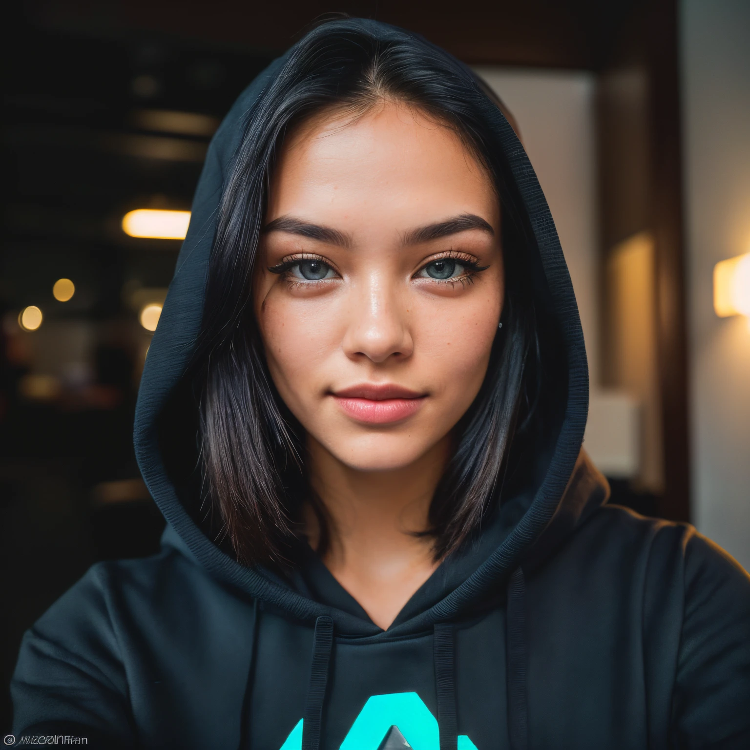 (Selfie, frontal body1.4), (straight half of body: 1.4), RAW UHD portrait photo of a 24-year-old woman with black hair (blue-eyed woman), Brazilian, behind a laptop, home office background (black hoodie), Details (Textures! , fur! , Glitter, Color!! , Disadvantages: 1. 1), bright eyes with high detail (looking at the camera), SLR lighting, SLR camera, ultra-quality, sharpness, depth of field, film grain (center), Fujifilm XT3, Crystal clear, center of frame, beautiful face, sharp focus, home office lamp, neon lighting, Bokeh (poorly lit), detailed skin pores, oily skin, sunburn, Complex Eye Details, full body, talking on camera as an influencer