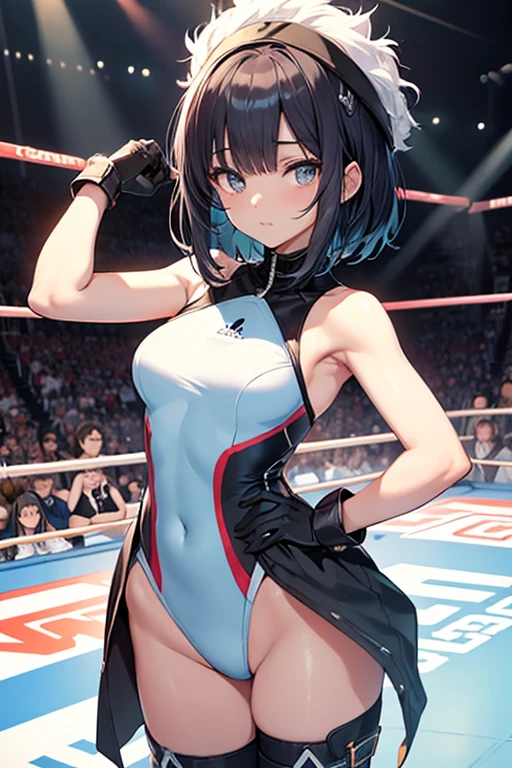 独奏,A pretty girl with perfect figure,(Lori,13years), (light blue and white leotard swimsuit), Very small breasts,Black Hair Straight Short Hair,bangss,Stand in the ring of professional wrestling,extremely detailed face and skin, Detailed eyes, Double eyelids,Pose with hands on hips,long wrestling boots,shairband,Lace gloves,Less muscle,Nogizaka46