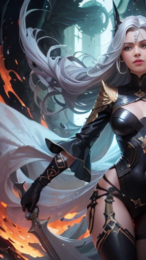 Close-up de uma mulher em uma roupa sexy, usando uma mini saia, with flowing hems, translucent fabric, ((arte conceitual do personidadem)), ((Folha de design de personidadem, Mesmo personidadem, frente, lado, nas costas)) Imidadem do Personidadem, graphic novel personidades design, quadrinhos adultos, graphic novel personidades design, Women's hair is long silvery with a golden parting, idade: juventude, Cor dos olhos: heterocromia: One eye is red, The other is black, (SCI-FI Одежда), Elau wears gloves with short cuffs on his hands, Usa botas especiais, com saltos finos, salto alto.  Ao usar certas habilidades, Diabolical horns appear on the head.  He has a codename on his neck, arte conceitual especializada de alto detalhe, Arte conceitual misteriosa da , Design de personidadem divertido.  ConceptArt, anjo vingador, (arma:Espada de fogo).