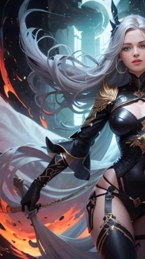 Close-up de uma mulher em uma roupa sexy, usando uma mini saia, with flowing hems, translucent fabric, ((arte conceitual do personidadem)), ((Folha de design de personidadem, Mesmo personidadem, frente, lado, nas costas)) Imidadem do Personidadem, graphic novel personidades design, quadrinhos adultos, graphic novel personidades design, Women's hair is long silvery with a golden parting, idade: juventude, Cor dos olhos: heterocromia: One eye is red, The other is black, (SCI-FI Одежда), Elau wears gloves with short cuffs on his hands, Usa botas especiais, com saltos finos, salto alto. Ao usar certas habilidades, Diabolical horns appear on the head. He has a codename on his neck, arte conceitual especializada de alto detalhe, Arte conceitual misteriosa da menina, Design de personidadem divertido. ConceptArt, anjo vingador, (arma:Espada de fogo).