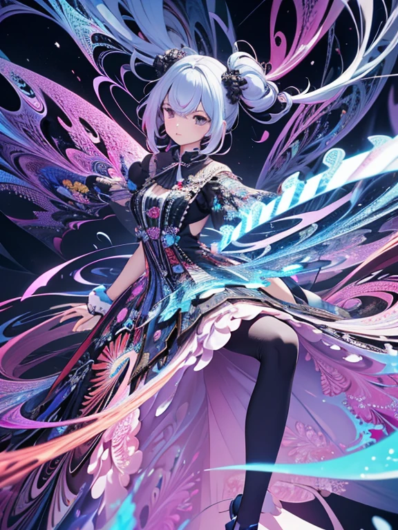 absurderes,(Fractal Art:1.3)、Random hairstyle、Random hair color colorful、FULL BODYSHOT、Retro、Precise focus、randome pose、cinema4d、Drama