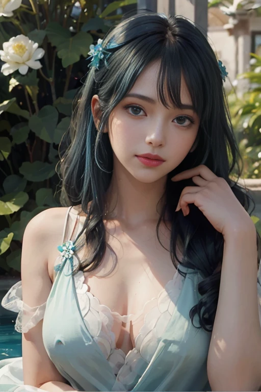 akanekurokawa, 1girl, blue hair, green eyes, bangs,a girl,wearing an elegant 100% transparent saree,curly long hair,deep black eyes,shiny red lips,brown skin,lotus flower in her hair,bindi on forehead,palms decorated with henna,in a blooming garden,bright colorful flowers,green grass,blue sky,sunshine falling on her,peaceful and serene expression,subtle smile on her face,fingers delicately touching flower petals,body language full of grace and elegance, scenic beauty,painting as medium,detailed and vivid,high-resolution image,photorealistic rendering,vibrant colors,soft and warm lighting, her boobs exposed, pussy, and clitoric can be seen