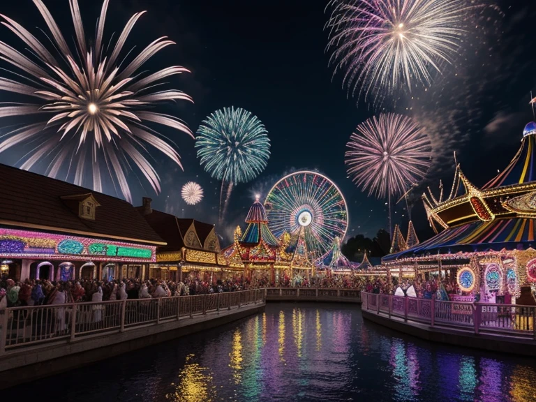 (best quality,ultra-detailed),colorful, vibrant, and lively,theme park:1.2, roller coasters, thrilling rides, merry-go-round, children playing, laughter and excitement, people enjoying ice cream, balloons floating in the air, carousel, Ferris wheel, ticket booth, cotton candy, popcorn, ferris wheel:1.1, fireworks lighting up the night sky, water fountain show, colorful lights, 3D animations projected on buildings, live music performances, street performers, face painting, energetic atmosphere, carousel horses:1.1, families having fun together, high-resolution, crisp and sharp details, vivid colors, surreal and dreamlike scenery, joyful and carefree vibes