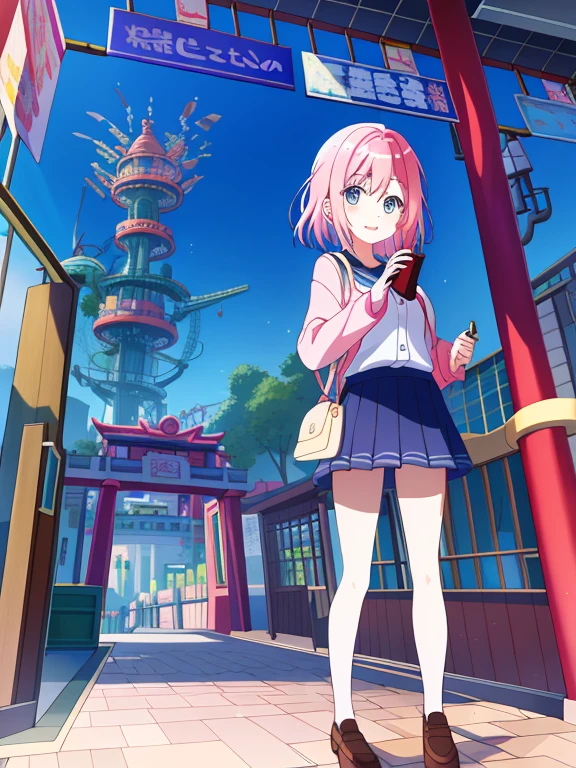 masutepiece、masterpiece、top-quality、ultra-detailliert、hight resolution、 hight resolution、8K Portrait、Unity 8k Wallpapers、extremely details CG、Unity 8k壁纸、Highly detailed CG Unity 8k wallpaper、(Amusement park entrance gate background):1.4,Girl standing at the entrance of a theme park。she has a map of the park in her hand、Excited look for adventure。The entrance arch is decorated with neon lights、The area is enveloped in the soft light of dusk..。