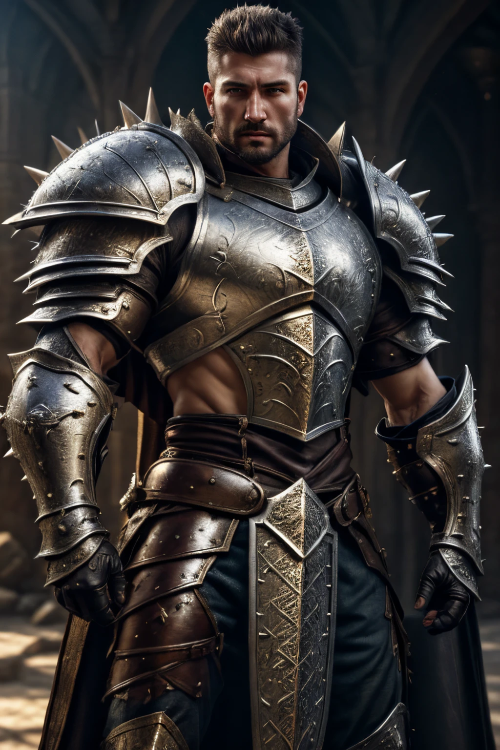 realistic, ((masterpiece)), ((best quality)), (detailed), cinematic, dynamic lighting, soft shadow, detailed background, professional photography, depth of field, intricate, detailed face, subsurface scattering, realistic hair, realistic eyes, muscular, manly, photo of a handsome  Arabic man, wearing paladin armor, spikes, medieval, fantasy, shiny reflective metal, dynamic pose, fighting stance, holding shield, silver hair, (40 years old), beard, with some other fighters