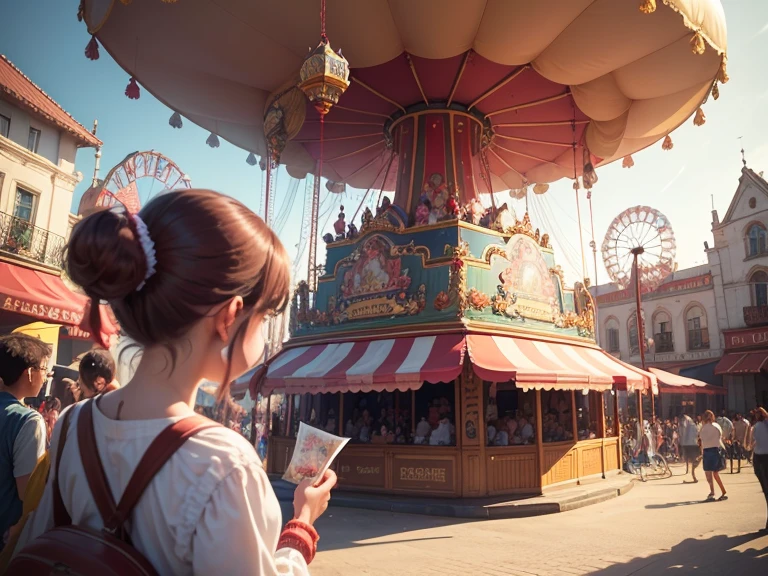 (best quality,4k,8k,highres,masterpiece:1.2),ultra-detailed,(realistic,photorealistic,photo-realistic:1.37),vivid colors, HDR, bokeh, [nostalgic], [retro], [playful], colorful atmosphere, [colorful balloons], [carousel], [roller coaster], [ferris wheel], [merry-go-round], [children laughing], [cotton candy], [funfair games], [bright lights], [joyful atmosphere], [people enjoying rides], [family entertainment], [merry atmosphere], [calming breeze], [exciting attractions], [whimsical decorations], [traditional amusement park], [thrilling rides], [happy children], [enthusiastic crowd], [excitement in the air], [classic games], [entertainment for all ages], [wholesome fun], [delicious snacks], [festive vibes], [entertaining performances]