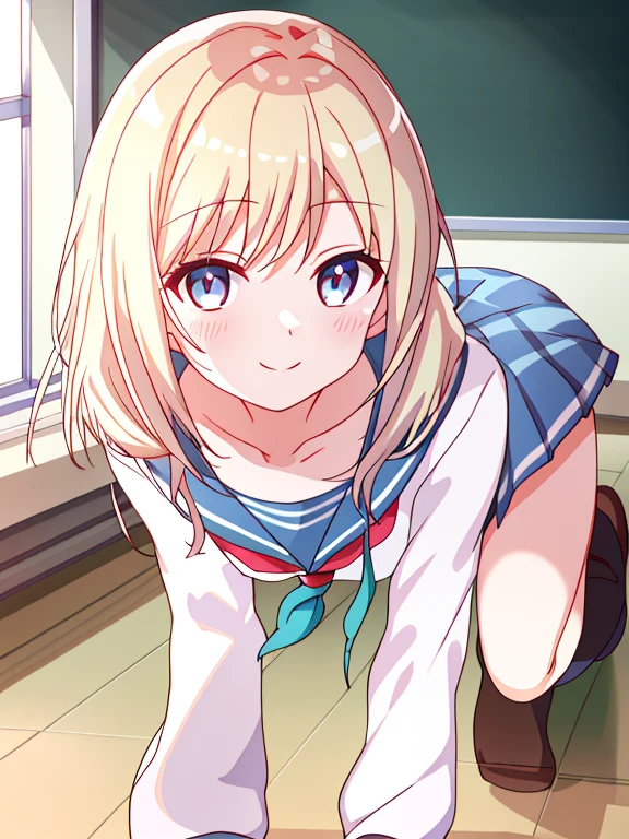 masutepiece、masterpiece、top-quality、ultra-detailliert、hight resolution、 hight resolution、8K Portrait、Unity 8k Wallpapers、extremely details CG、Unity 8k壁纸、Highly detailed CG Unity 8k wallpaper、realisticlying、realperson、 Portrait photos、shinny skin、(sixteen years old:1.5)、high-detail、Beautiful clear eyes、Ultra-fine depiction、delicated face、Lovely lips、big breasts thin waist、Thin leg、1人、the pose、(((flat chest:1.2)))、(space suits:1.4)、((school classrooms:1.5))、Outstanding smile、Pupils、During pool classes、((all-fours))、Raise your buttocks high、sexypose