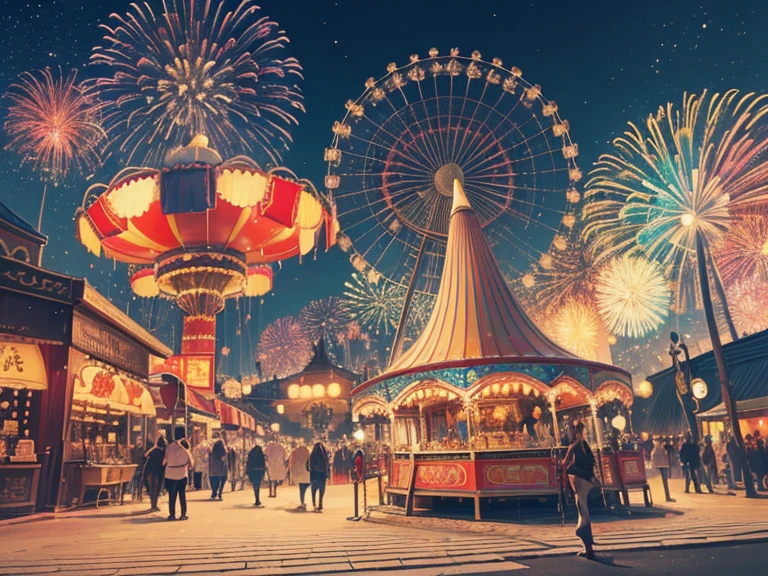 (best quality,4k,8k,highres,masterpiece:1.2),ultra-detailed,(realistic,photorealistic,photo-realistic:1.37),theme park,exciting rides,entertaining shows,colorful decorations,fun-filled atmosphere,families enjoying their time,children laughing and running around,merry-go-round-carousel,roller coasters with steep drops and loops,thrilling water slides,carousel horses with intricate details,clowns performing tricks,balloon animals floating in the air,stalls selling cotton candy and popcorn,magical fireworks lighting up the sky,ferris wheel offering a panoramic view,lovely gardens with blooming flowers and neatly trimmed bushes,performers dressed as fairy tale characters,street vendors selling souvenirs,smiling faces capturing unforgettable memories,vibrant colors and lively music,abundance of joy and laughter,enchanting ambiance with the scent of happiness,fountains dancing to the rhythm of the music,playful dolphins jumping in a water show,rides and attractions for all ages,delicious food from around the world,carousel music filling the air with a nostalgic tune,dream-like atmosphere that transports you to a world of wonder and excitement.