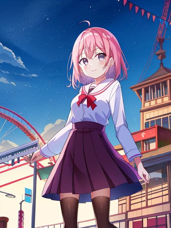 masutepiece、​masterpiece、top-quality、ultra-detailliert、hight resolution、 hight resolution、8K Portrait、Unity 8k Wallpapers、extremely details CG、Unity 8k壁纸、Highly detailed CG Unity 8k wallpaper、(Amusement park entrance gate background):1.4,Girl standing at the entrance of a theme park。she has a map of the park in her hand、Excited look for adventure。The entrance arch is decorated with neon lights、The area is enveloped in the soft light of dusk...。