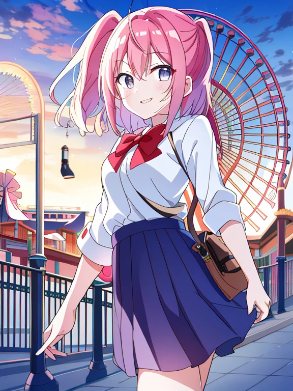 masutepiece、masterpiece、top-quality、ultra-detailliert、hight resolution、 hight resolution、8K Portrait、Unity 8k Wallpapers、extremely details CG、Unity 8k壁纸、Highly detailed CG Unity 8k wallpaper、(Amusement park entrance gate background):1.4,Girl standing at the entrance of a theme park。she has a map of the park in her hand、Excited look for adventure。The entrance arch is decorated with neon lights、The area is enveloped in the soft light of dusk...。