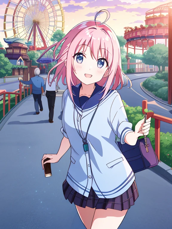 masutepiece、masterpiece、top-quality、ultra-detailliert、hight resolution、 hight resolution、8K Portrait、Unity 8k Wallpapers、extremely details CG、Unity 8k壁纸、Highly detailed CG Unity 8k wallpaper、(Amusement park entrance gate background):1.4,Girl standing at the entrance of a theme park。she has a map of the park in her hand、Excited look for adventure。The entrance arch is decorated with neon lights、The area is enveloped in the soft light of dusk...。