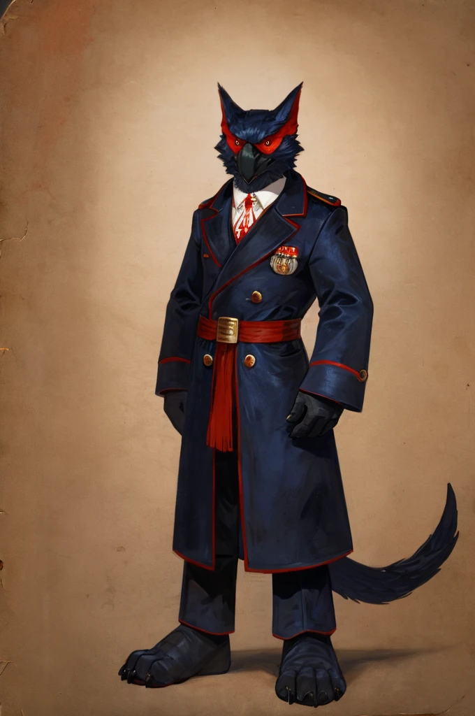 A Nargacuga as a German official posing for a portrait, black-red uniform, red leather gloves, clawed fingers, 4 fingers, 1900s photograph, long coat, open coat, red outlining, padded fingers, golden-red belt, feet, big feet, huge feet, barefoot, 4 toes, clawed feet, countershade soles, countershade feet,