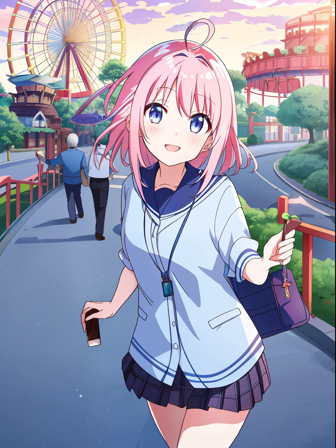 masutepiece、masterpiece、top-quality、ultra-detailliert、hight resolution、 hight resolution、8K Portrait、Unity 8k Wallpapers、extremely details CG、Unity 8k壁纸、Highly detailed CG Unity 8k wallpaper、(Amusement park entrance gate background):1.4,Girl standing at the entrance of a theme park。she has a map of the park in her hand、Excited look for adventure。The entrance arch is decorated with neon lights、The area is enveloped in the soft light of dusk...。