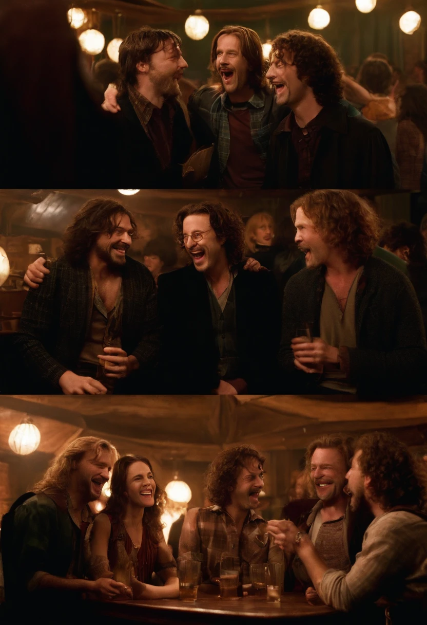 A photo of Sirius and friends at a late-night karaoke bar, singing their hearts out and having a blast.,Harry Potter and the Prisoner of Azkaban,Sirius is tall with shaggy curly brown hair, with brown eyes and a goatee. Famously portrayed by Gary Oldman, male