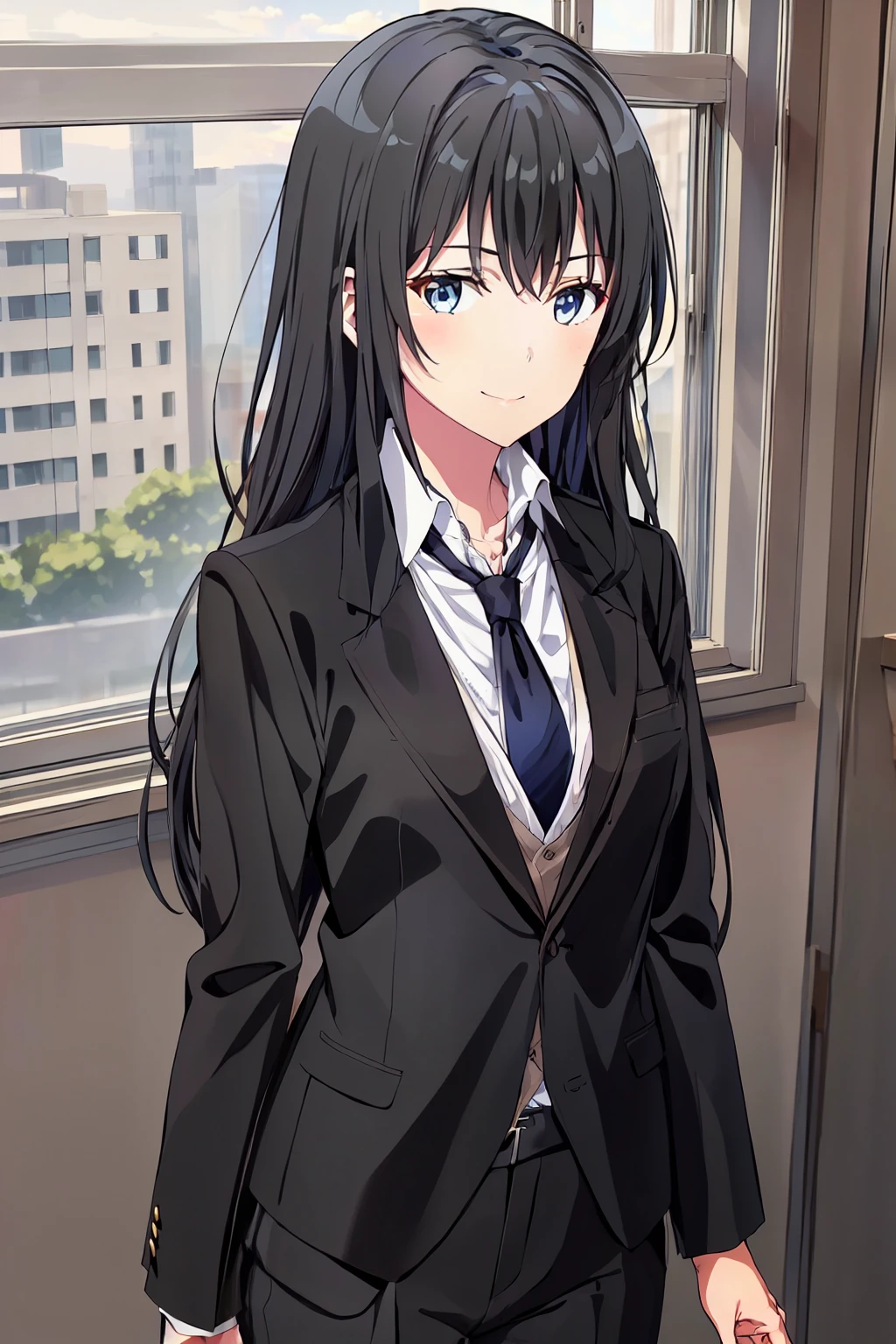 1GIRL , ,yukinoshita yukino ,yukinoshita yukino , woman in formal attractive suit tuxedo tailcoat standing in a large alcove in the room, 1girl, solo, necktie, black hair, blue eyes, long hair, smile, jacket, looking at viewer, shirt, pants, blue necktie, collared shirt, white pants, white shirt, indoors, bangs, long sleeves, closed mouth, window, black jacket, blush, cowboy shot, formal, suit