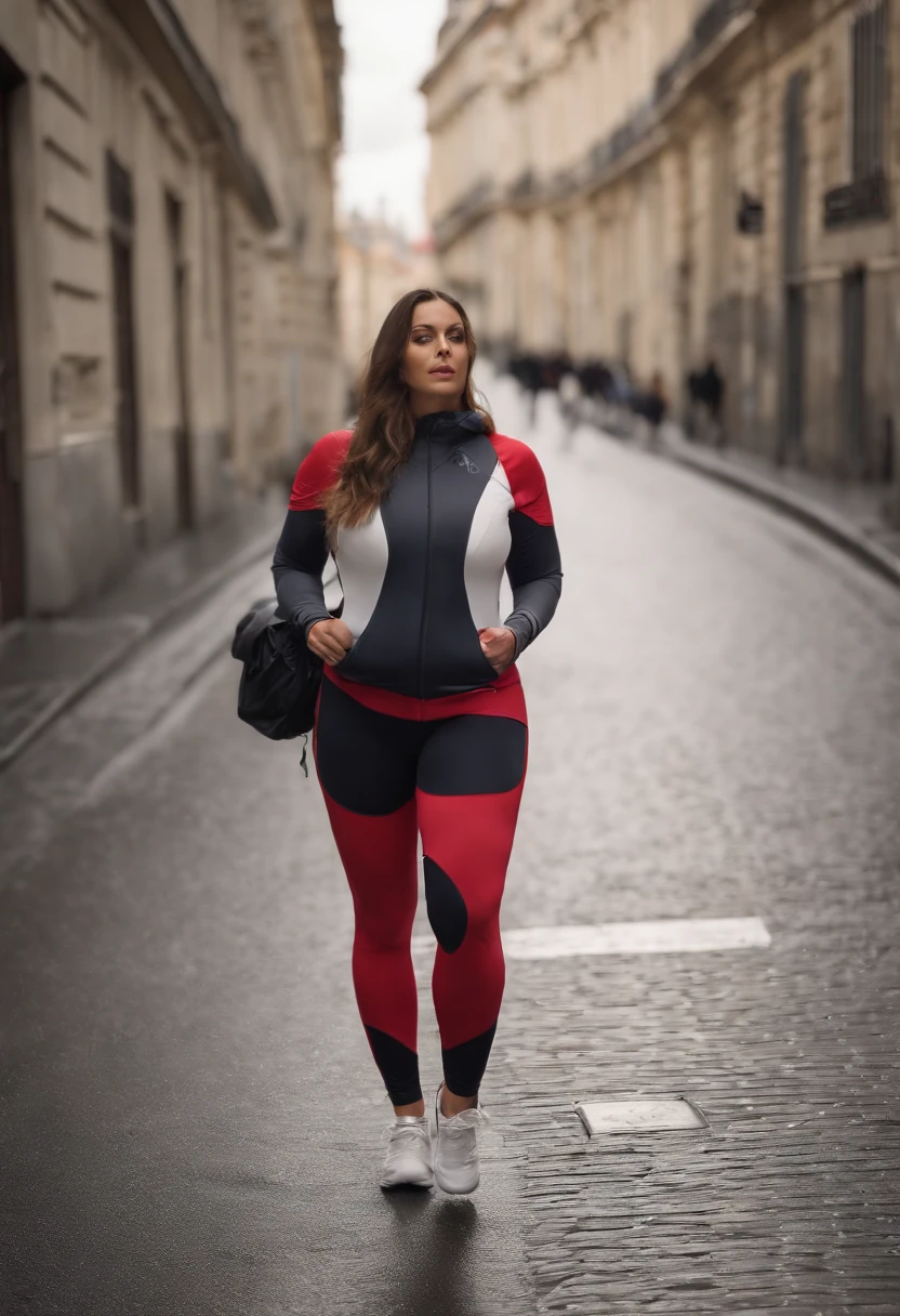1lady, peau blanche, solo, corps entier, gros seins, pull à capuche large, leggin de sport, partie centrale, rue parisienne.
