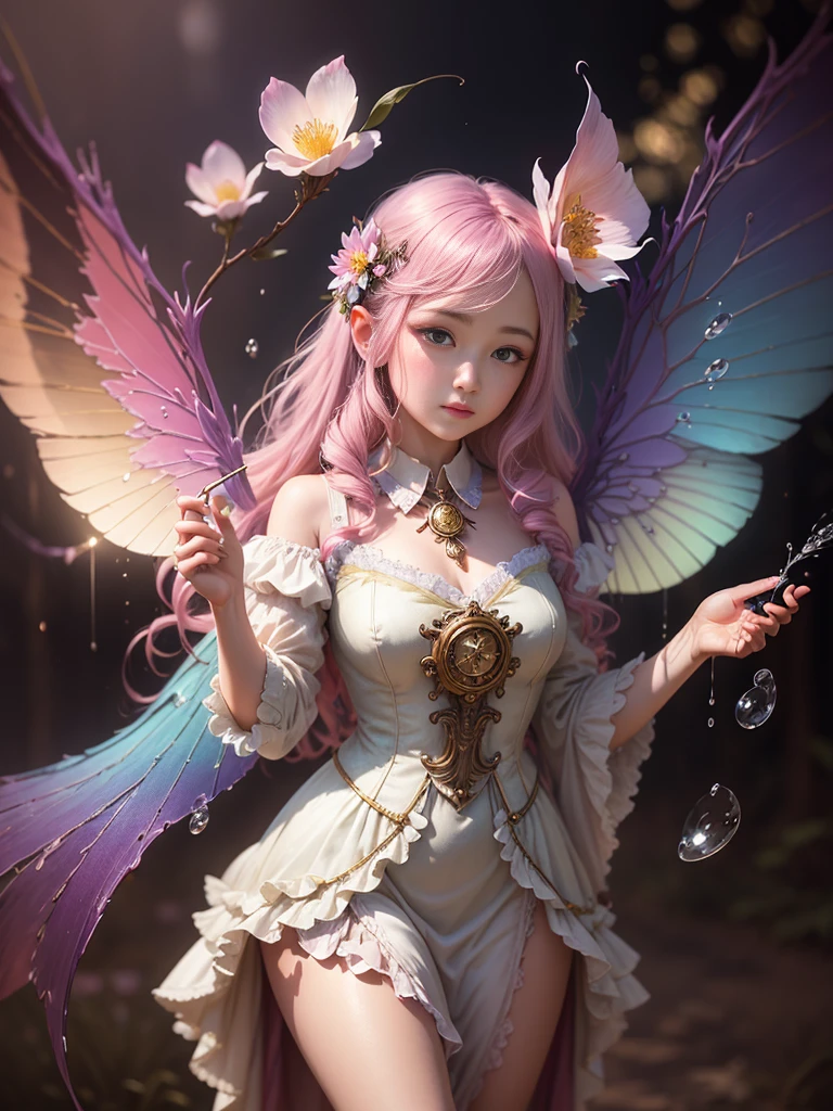 fine art masterclass splash spray trickle daubs of rainbow opaline Prisma Sakuraoil color,Steampunk celestial ethereal ghostly Fairy, HDR, ultra high-detail, centered, bokeh, lens flare, foggy dusk, bloom, light bloom, cinematic lighting, high dynamic range, depth of field, full pose