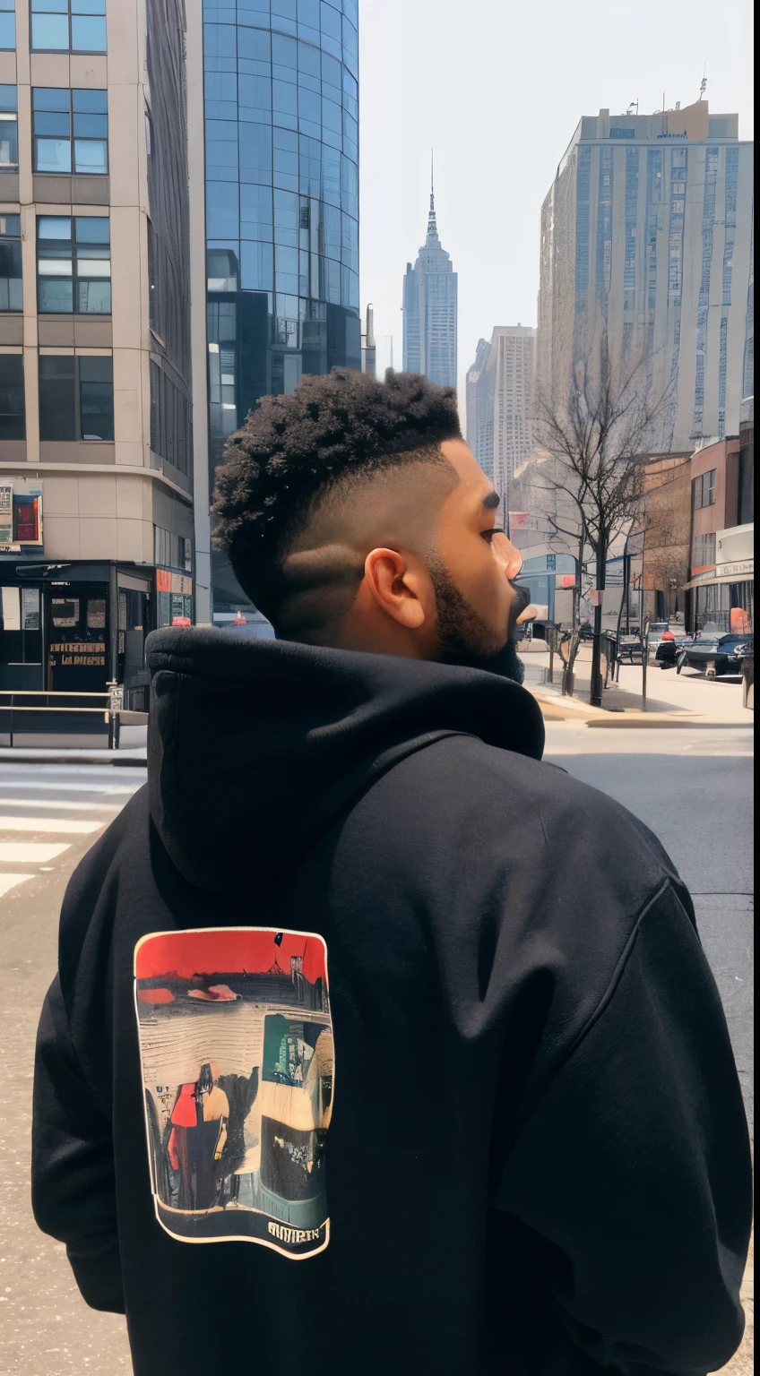 (Best quality, 8k, 32k, Masterpiece, UHD:1.3), Photo of the back of a cool black guy, outside in winter, New York City, wearing black hoodie