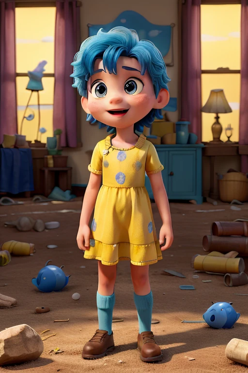 Obra-prima, de melhor qualidade, a child with blue hair and brown eyes, wearing a yellow dress in the setting behind an abandoned house with the title " The melody of the spirits"