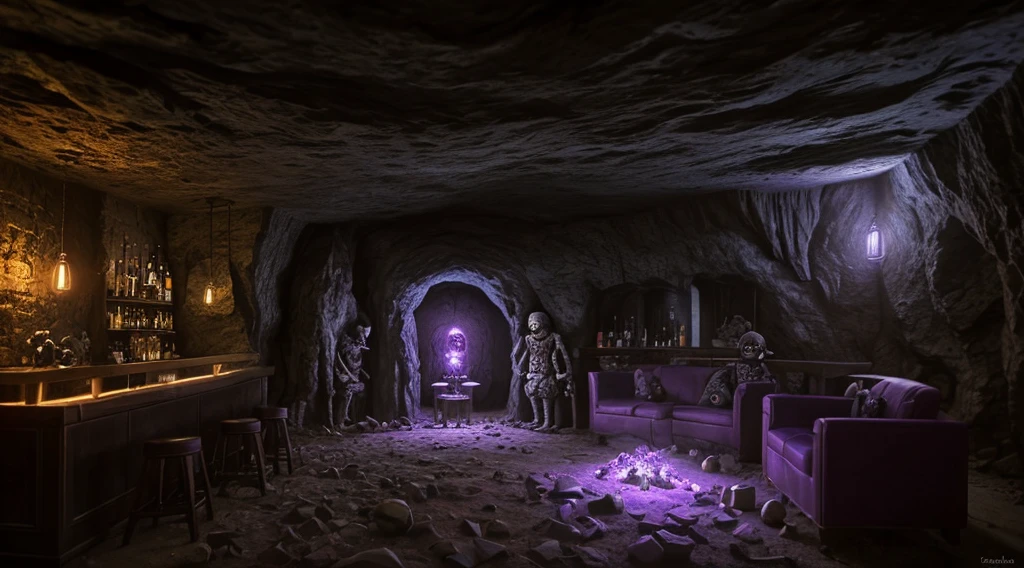 high resolution, best quality, masterpiece, ultra high definition, ultra-realistic, Voodoo dolls and mysterious skulls cover the walls of a bar set in a dismal dystopian cave filled with potions and glowing purple crystals and ampules illuminated by dim firelight