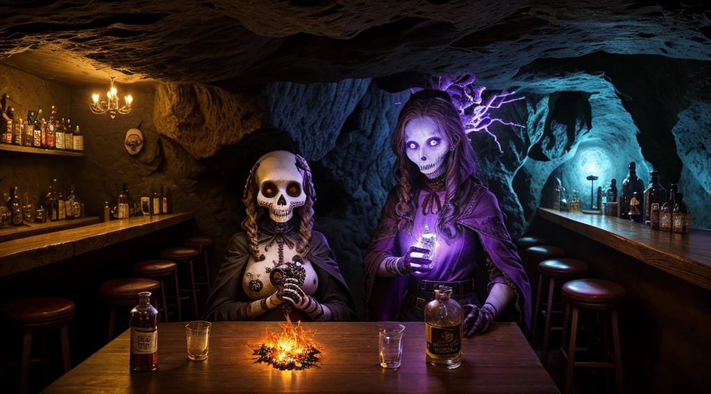 high resolution, best quality, masterpiece, ultra high definition, ultra-realistic, Voodoo dolls and mysterious skulls cover the walls of a bar set in a dismal dystopian cave filled with potions and glowing purple crystals and ampules illuminated by dim firelight