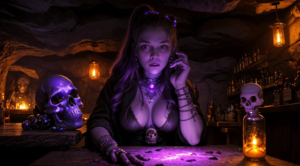 high resolution, best quality, masterpiece, ultra high definition, ultra-realistic, Voodoo dolls and mysterious skulls cover the walls of a bar set in a dismal dystopian cave filled with potions and glowing purple crystals and ampules illuminated by dim firelight