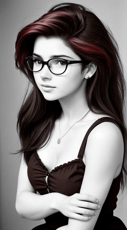 Realistic monochrome photography in 80s style.................., tmasterpiece, Soviet erotica; Sweet beautiful Russian brown eyed virgin 18 years old, beautiful detailed round face, Large shiny realistic dark brown eyes, glasses with lenses, Cute little nose, sweet cheerful smile, Parted sensual plump lips, plump cheeks, Round chin, suntanned skin, aesthetic completeness, slightly wavy medium length brown hair with scarlet streaks (Rebellious 80s rocker hairstyle), Very small stature, Realistic !!!extremely small breasts!!!, Large erect nipples(Nipple erection), aesthetic completeness, beautiful trained body; loose linen sundress , bare footed, (full - body, including legs), modest standing pose; Realistic texture of human skin (pores, Mimic folds, wrinkles), Monochrome image