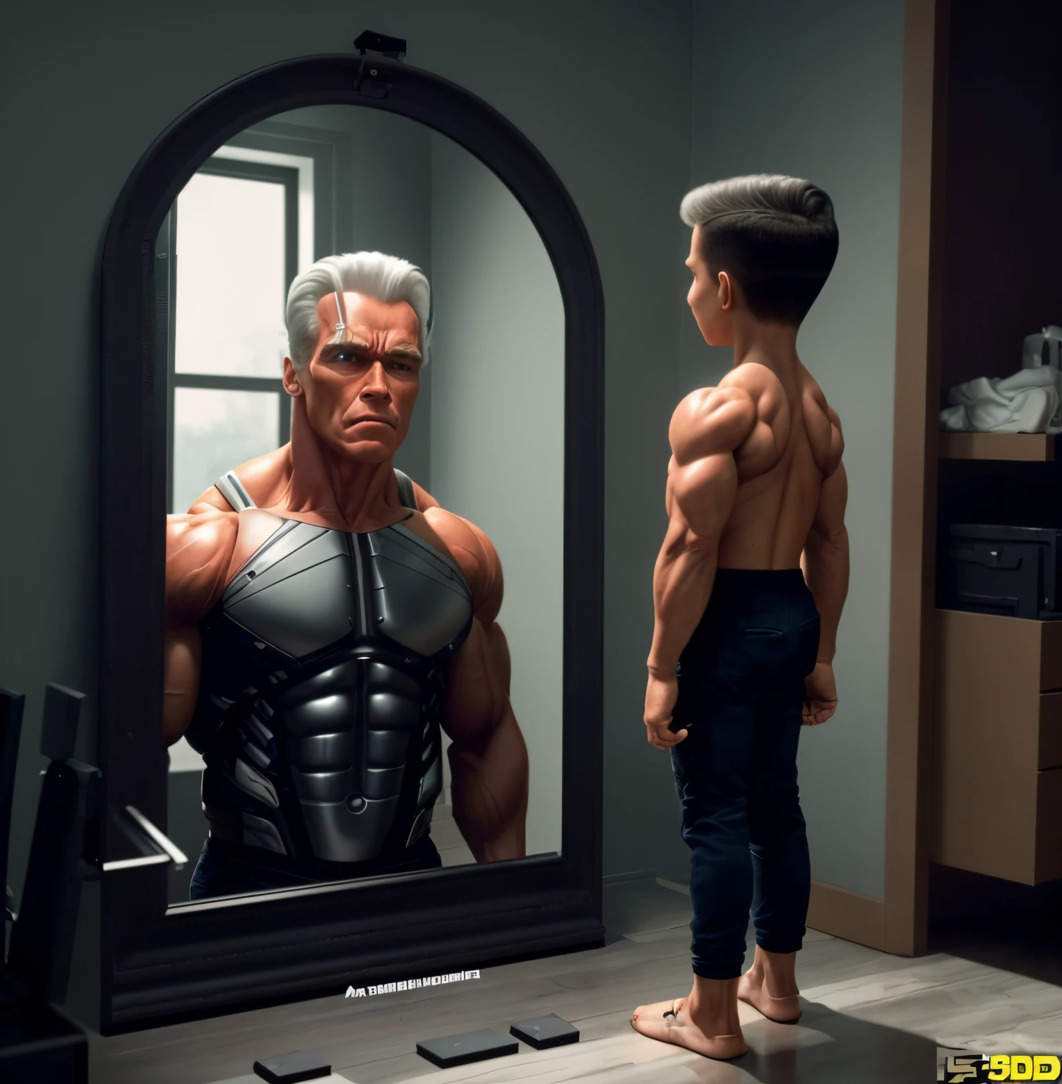 A young boy stands in front of a mirror and looks at a man with a half cyborg face with white hair , Cyborg Schwarzenegger is a half-faced, white-haired cyborg, Schwarzenegger plays with the white hair and half of a cyborg face , The role of the Terminator, Arnold Render, Introducing Arnold 3D, Arnold showed G a picture of a white-haired cyborg, Terminator image, Schwarzenegger, Muscle and terrifying, Arnold Schwarzenegger, Arnold 3, Inspired by Arnold Misch, Terminator art, Humans are like
