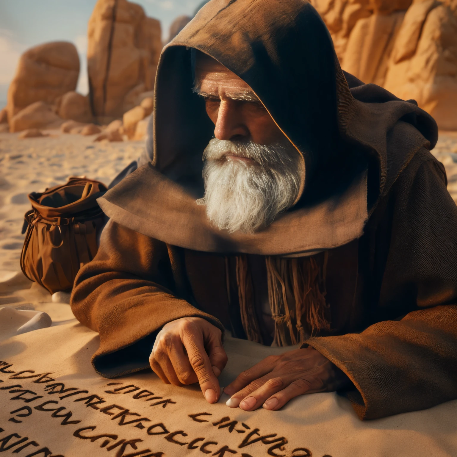 Frayed man in a hooded robe writing a parchment on the beach, Velho Mestre Jedi, Personagem pequeno. Motor Unreal 5, Unreal Engine 5 altamente renderizado, estilo fantasia 8 k octane render, renderizado no Unreal Engine 5, trend in Unreal Engine 5, Criado em Unreal Engine 5, renderizar no Unreal Engine 5, Unreal Engine 5 Detalhe, motor irreal renderizado 5