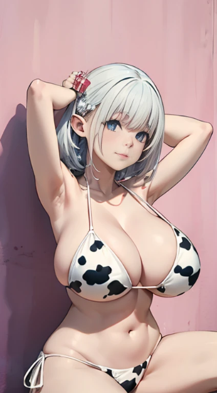 ((pink walls:1.4)).

BREAK

beta,white hair,blue eyes,((Best Quality, 8K, masutepiece :1.3)), (Realistic, Photorealistic:1.4)A pretty woman with perfect figure :1.4, ((Huge breasts, huge-breasted:1.4)), Beautiful, Smile, (Bright:1.4), Beautiful face, Highly detailed face, Japanese, Cute, (Highly detailed face:1.2), cleavage, ((White Print Bikini:1.4)), ((Holstein bikini:1.6)), ((japanese pretty woman:1.4)), Oily skin, Shiny skin, silk hair, Arms up, Arms behind your head, Spread legs, Squatting, thick thighs,