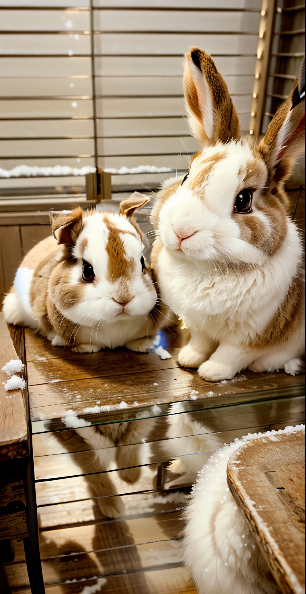 there are two rabbits that are sitting on a table, they are close to each other, very cute, furry, snowing