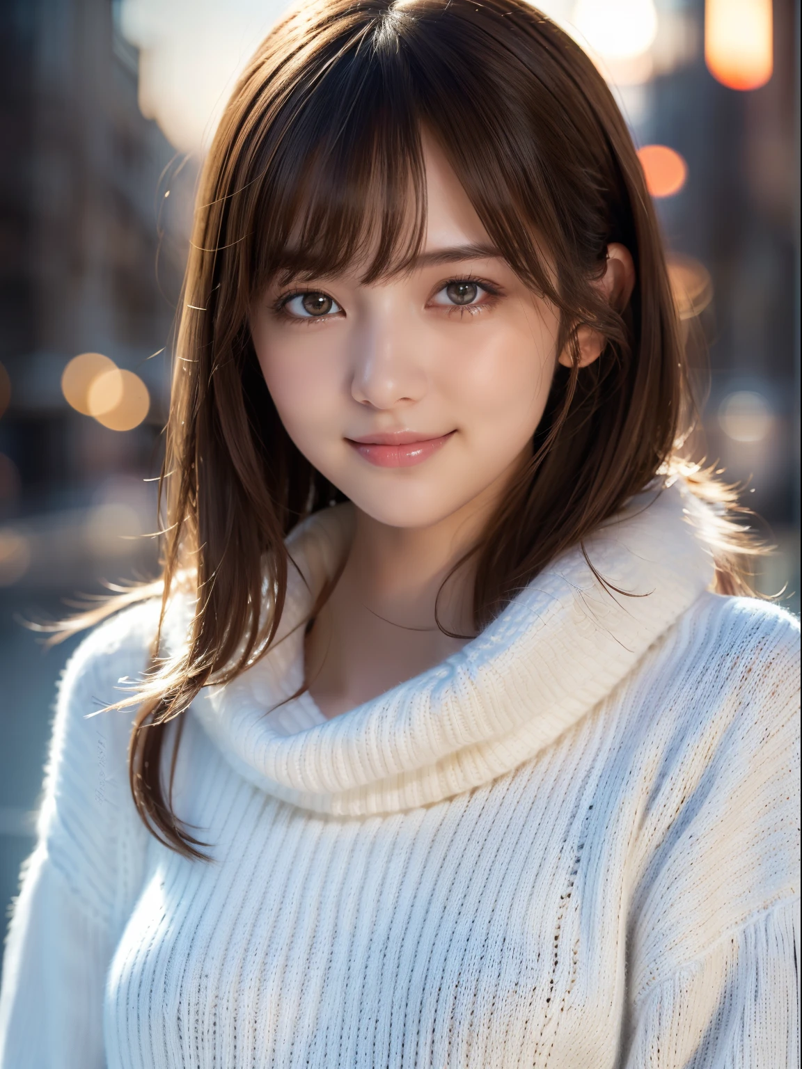 1girl in,(White sweater:1.4),(Fur trim,:1.2), (Raw photo, Best Quality), (Realistic, Photorealsitic:1.4), masutepiece, extremely delicate and beautiful, Extremely detailed, 8k wallpaper, amazing, finely detail, extremely detailed CG Unity, hight resolution, Soft light, Beautiful detailed 19 year old girl, extremely detailed eye and face, beautiful detailed nose, Beautiful detailed eyes,Cinematic lighting,city light at night,Perfect Anatomy,Slender body,Smiling (hair messy, asymmetrical bangs, light brown hair,)