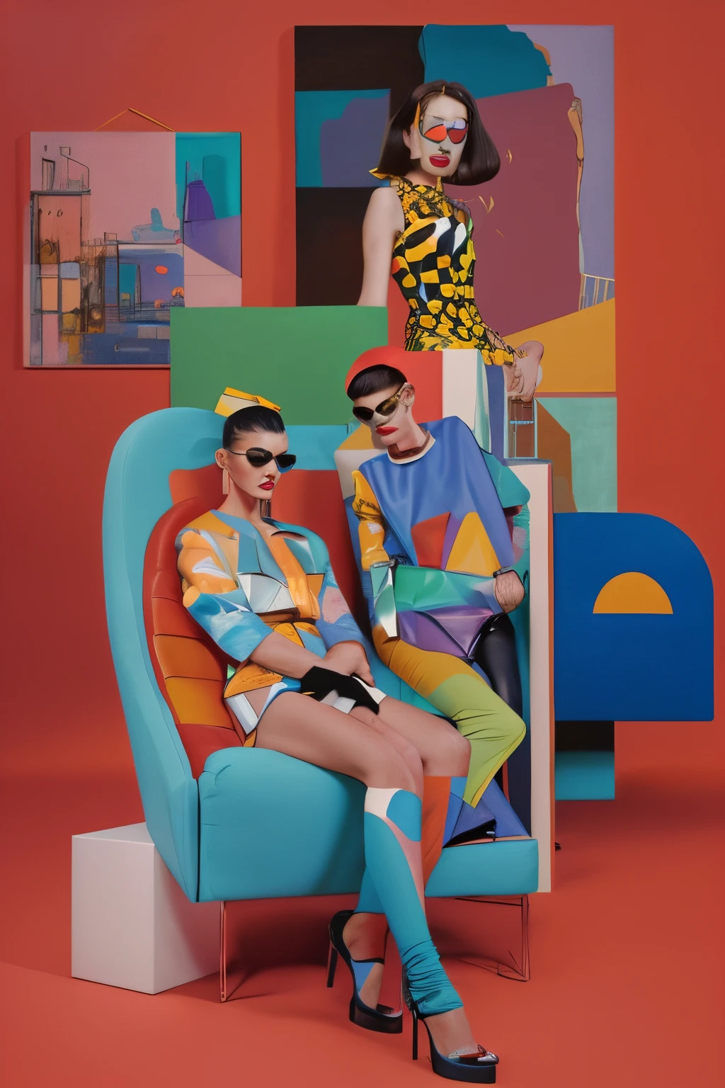 a landscape of shapes and paint that is weird in form and color and texture. Models wearing Marc jacobs and Prada fashion. Lots colors.Richard Diebenkorn art. clubbing costumes