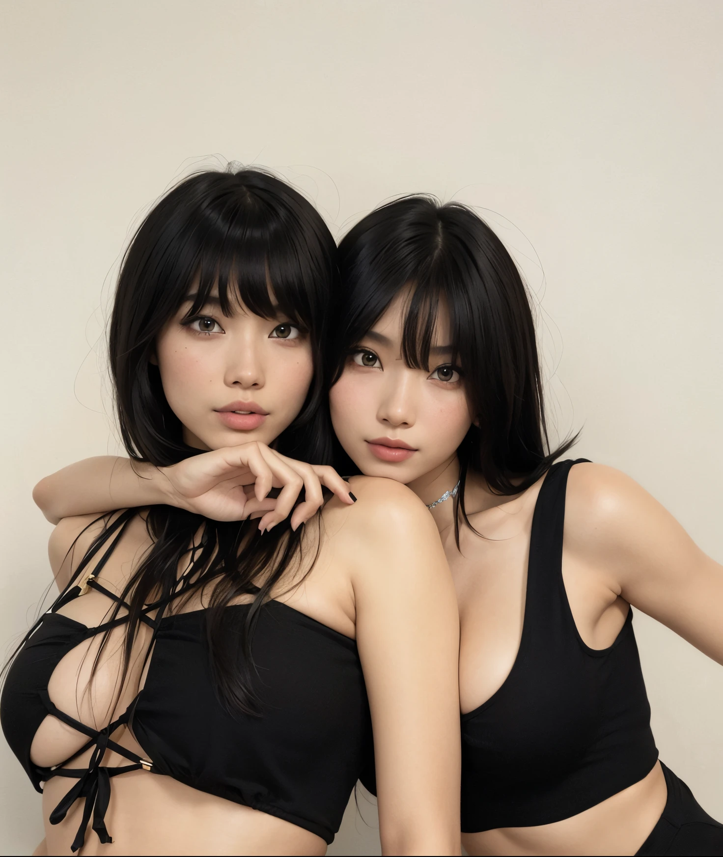 Dos mujeres en bikinis negros posando juntas para una foto, Hermoso retrato de Geminis Twins, beautiful gemini twins, con una gemela, inspirado por Wang Duo, Ella tiene el pelo negro con flequillo, foto de perfil, con negro, gemelos, ulzzang, Nixeu y Sakimichan, dos veces, Dos modelos en el marco, Lily Frank, Hermosos gemelos Sci - Fi