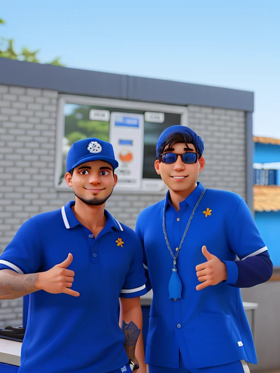 Dois homens com roupa azul posando para foto