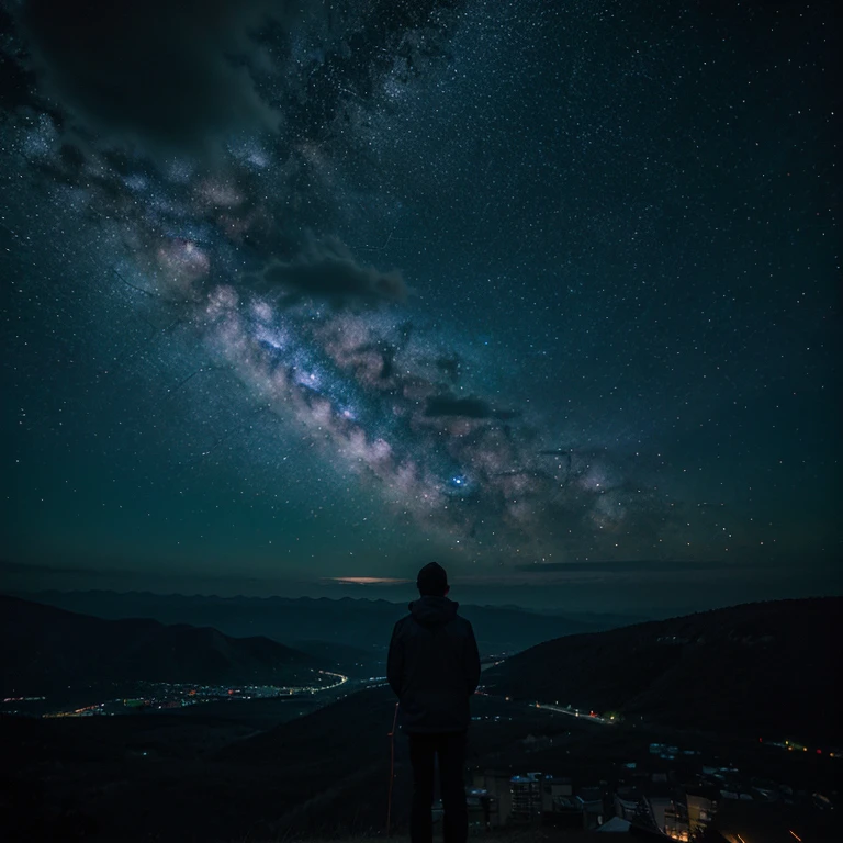 A person enjoying a night view of a starry sky with a nebula full of colors