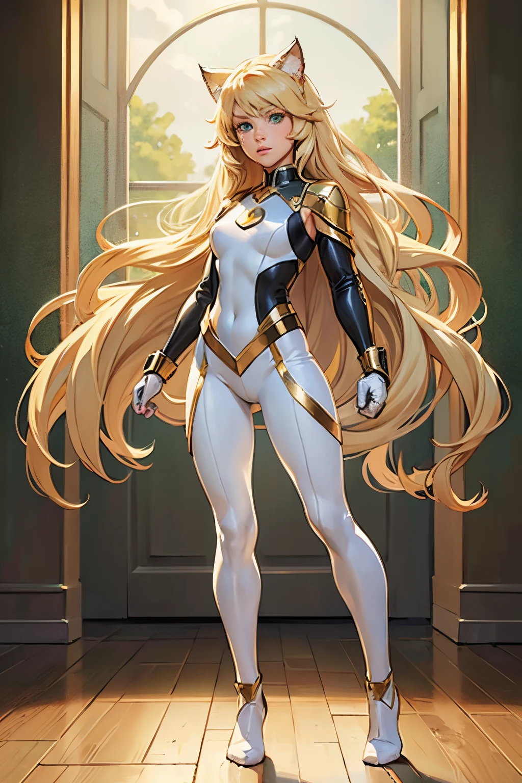 , girl, long blonde hair, flowing blonde hair, cat ears, green eyes, in a white full body superhero costume with leggings, masterpiece, high quality,