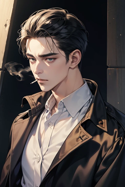 A man with a cigarette in his mouth, Gendo Ikari,kentaro miura art style, inspired by Masanobu Okumura, soft light misty yoshitaka amano, yoshitaka amano style,Lean-cheeked，droopy dark eyes，Thin lips with a faint smile,All back with volume,black hair slicked back,muscular middle-aged man,wearing a trench coat and suit