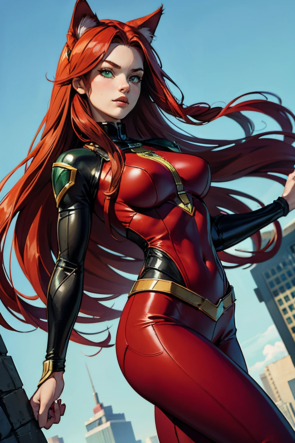 14 years old, girl, long red hair, flowing red hair, cat ears, green eyes, in a superhero costume with leggings, masterpiece, high quality,
